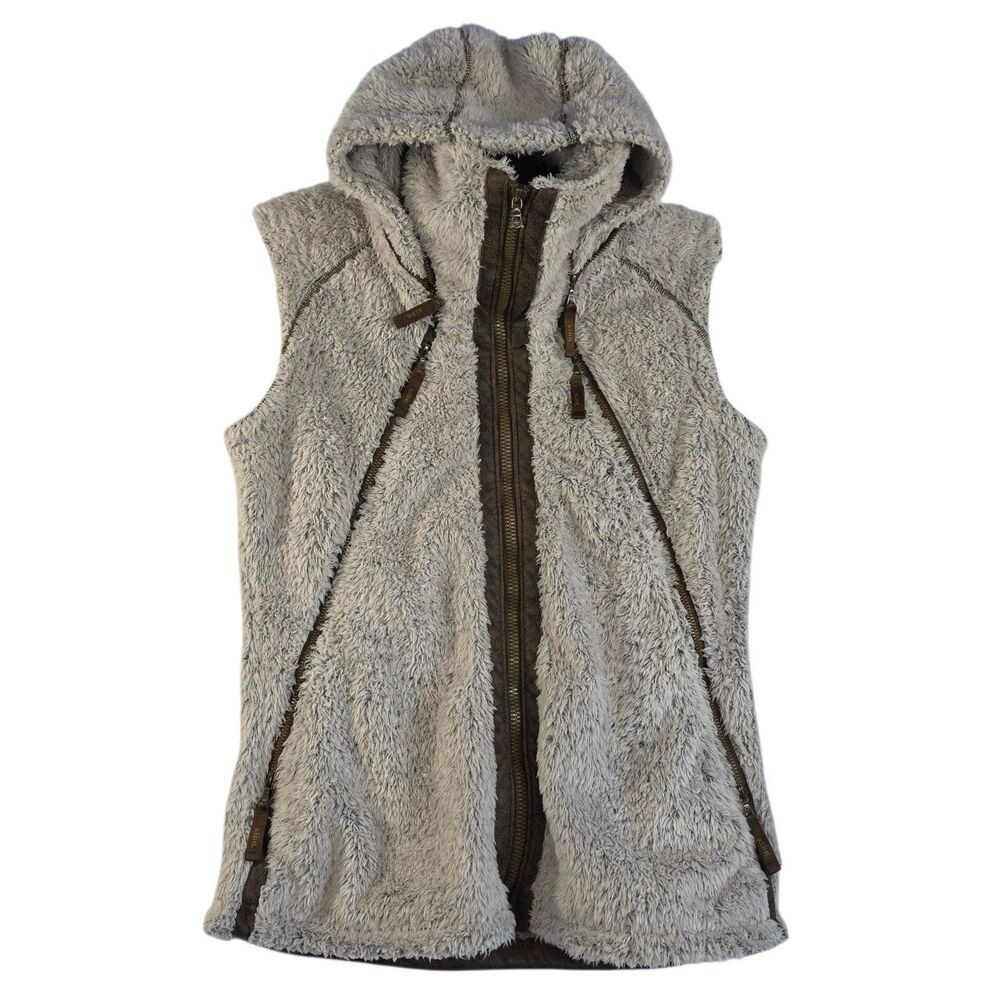 Kuhl Flight Vest Womens Medium Gray Oatmeal Sherpa Fleece Hooded Winter Jacket